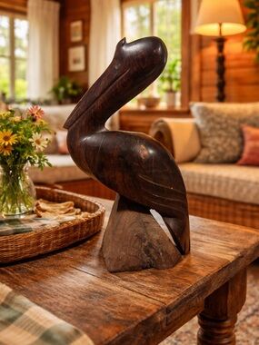 Hand-Carved Dark Brown Wooden Pelican Sculpture - Home Art Accent